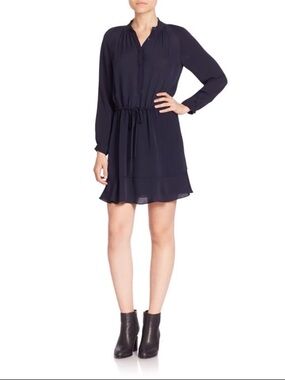 Rebecca Taylor Long Sleeve Waist Tie Ruffle‎ Trim Silk Dress Size Medium